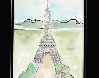 Eiffel Tower, original illustration, Paris, pen and ink drawing, original watercolor painting, line drawing, Paris wall art, travel artwork