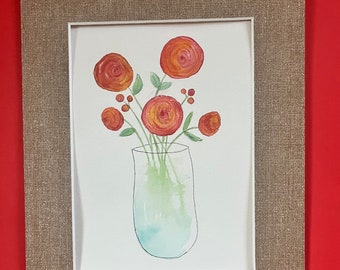 Flower, Flower painting, original flower art, flower wall art, flower wall decor, red round flowers, flower watercolor, red flowers in vase