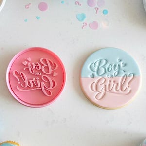 Peut inclure: Scène de fête de révélation du sexe avec des décorations roses et bleues. Deux biscuits ronds avec le texte "Boy or Girl ?" sont présentés. Des cupcakes, des bonbons et des ballons aux couleurs assorties complètent l'arrangement festif.