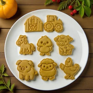 May include: A white plate holds a selection of farm animal-shaped biscuits, including a barn, tractor, horse, chick, cow, pig, sheep, and chicken. The biscuits are golden brown and arranged on a white plate, with a pumpkin in the background.