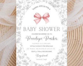 Floral Baby Shower Invitation, Coquette Pink Bow Theme, Floral Toile Print, Dusty Vintage Pink Bow, Baby Shower Girl Invite, Editable
