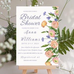 Colorful Wildflower Bridal Shower Invitation, Summer Spring Garden Invite, Cottage Blue Gingham Bridal Invite, Instant Digital Download