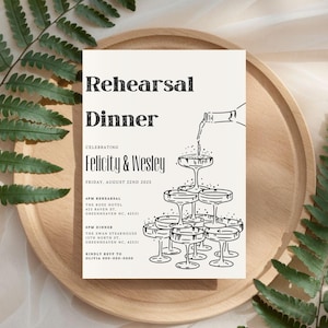 Elegant Champagne Tower Rehearsal Dinner Invitation - Digital Design, Vintage Champagne Toast Rehearsal Dinner Invite