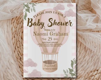 Hot Air Balloon Baby Shower Invitation, Light Pink, Neutral (Digital Download)