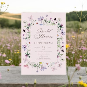 Wildflower Bridal Shower Invitation, Floral Botanical Wildflower Bridal Shower Invitation, Pink Blush Pastel Wildflowers Bridal Invite
