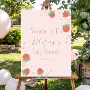 Cartello di benvenuto per baby shower con torta di fragole, tema Berry Special Baby Is On The Way, cartello per baby shower con frutta, download digitale