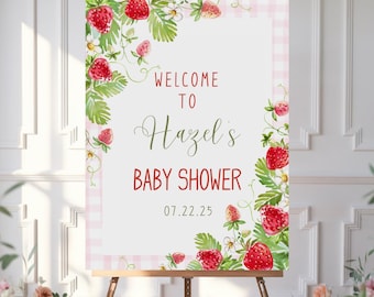 Sweet Strawberry Pink Gingham Baby Shower Welcome Sign - Berry Baby Shower Decor - Digital Instant Download