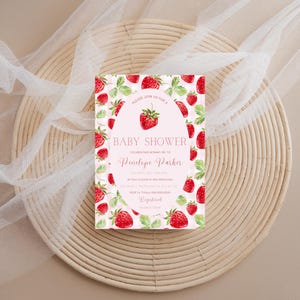Berry Baby Shower Invitation - Strawberry Pink Gingham Design, A Berry Sweet Baby Is On The Way Theme, Digital Download