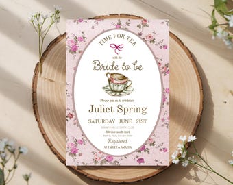 Bridal Shower Tea Party Invitation, Time For Tea Bridal Shower Invitation,  Pink Floral Tea Invitation Instant Download