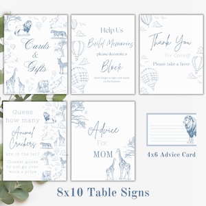 Blue Animal Safari Toile Baby Shower Table Signs, Boy Baby Shower Decor, Instant Digital Editable Download, Wild Safari Animal Baby Shower