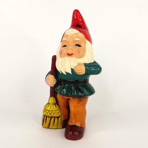 Vintage Porcelain Gnome with Broom Figurine 6.5 inches