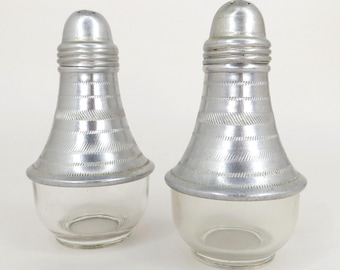 Vintage Aluminum and Glass Salt & Pepper Shakers Mid Century Kitchen Decor