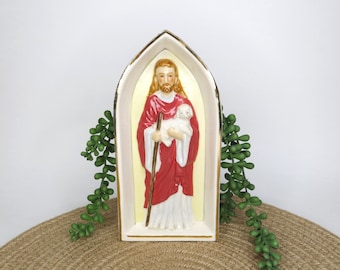 Vintage Jesus with Lamb Wall Pocket Planter Christian Home Decor