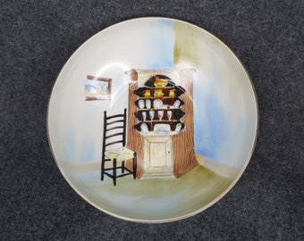 Vintage Porcelain Bowl with Antique Chair & Cupboard Scene