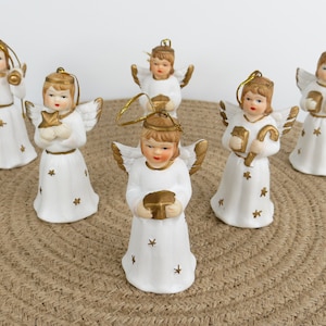 Set of White & Gold Angel Bell Christmas Tree Ornament Figurines