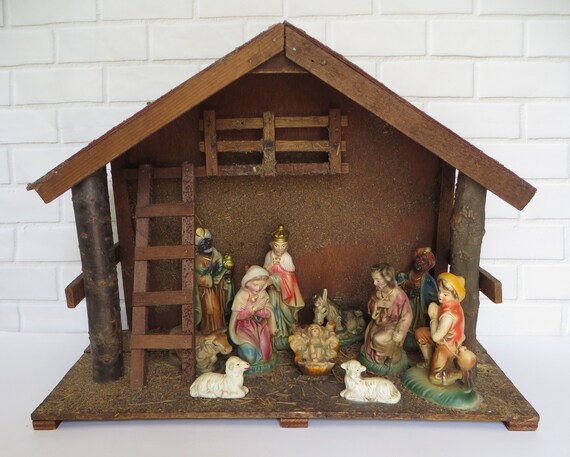 Vintage Wood Nativity Set Creche Manger Scene