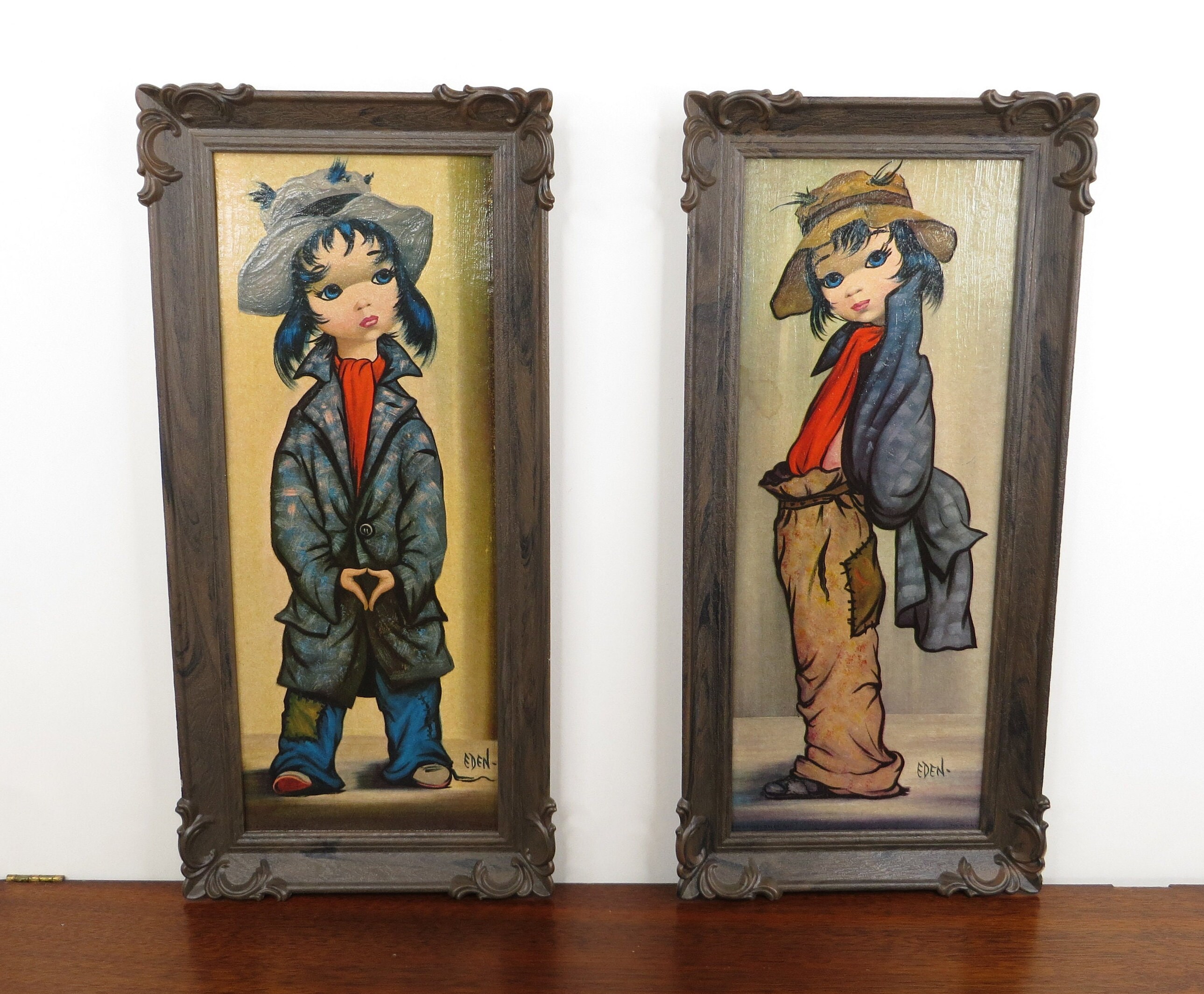 Vintage Framed Eden Big Eye Moppet Prints Mid Century Wall Decor