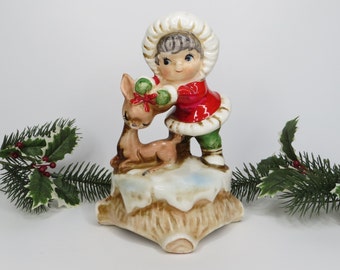 Vintage Lefton Girl with Reindeer Christmas Music Box Figure Plays White Christmas 1631