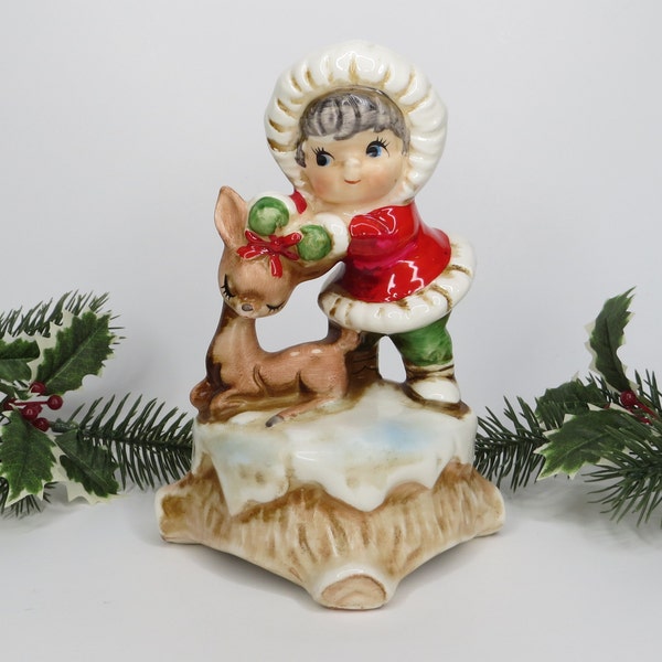 Vintage Lefton Girl with Reindeer Christmas Music Box Figure Plays White Christmas 1631