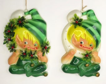 Vintage Christmas Pixie Elf Wall Hanging Plaques Mid Century Holiday Decor