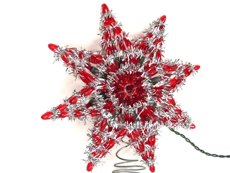 Vintage Red Star Christmas Tree Topper Silver Garland image 4