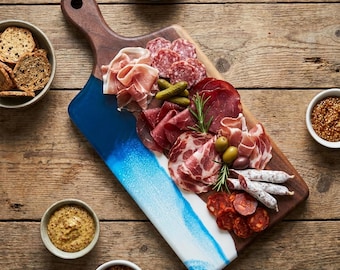 Walnut Epoxy Ocean Charcuterie Board, Blue Resin Serving Board, Personalized Engraved Cutting Board, Wedding Gift, Housewarming