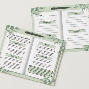 May include: Two open Bible study guides with a light green floral design. The guides have sections for highlighting, explaining, applying, and responding to passages. A black pen rests on each guide.