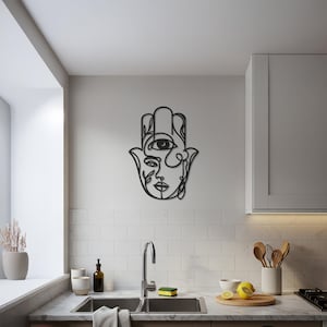 Hamsa Hand Metal Wall Art, Abstract Face and Third Eye Design, Spiritual Kitchen Decor, Modern Boho Wall Sculpture for Mindful Homes