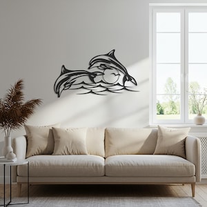 Metalen muurkunst dolfijn, decor oceaandier, springende dolfijnen met zon, kustzeeleven muuraccent, ingelijst marien cadeau voor thuis