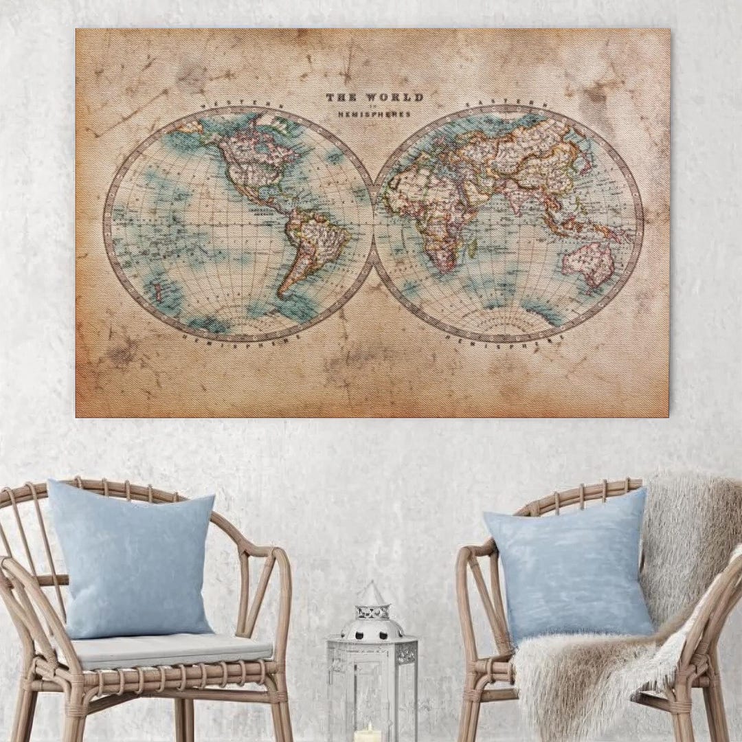 Vintage Retro World Map Painting, Canvas Wall Art, Classic Canvas Art ...