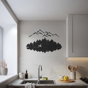 Mountain Forest Metal Wall Art, Deer Lake Scene Metal Decor, Black Nature Bedroom Wall Sculpture, Rustic Cabin Wall Hanging, Tree Silhouette