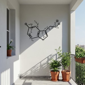 Serotonin Molecule Wall Art, Floral Mental Health Decor, Botanical Metal Sign, Framed Science Wall Gift for Kitchen, Metal Wall Decor
