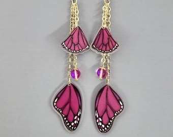 Butterfly Wing Earrings Pink Monarch Butterfly Wings Earrings Long Dangle Drop Earrings Magical Fairy Wing Earrings Colorful Wing Earrings