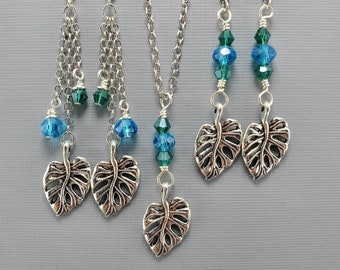 Monstera Leaf Earrings Monstera Leaf Necklace Monstera Set Dangle Earrings Pendant Silver Monstera Leaf Blue and Green Glass Crystal Beads