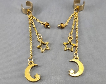 Moon and Stars Ear Cuff Gold Glass Crystals No Piercing Earrings Pair or Single