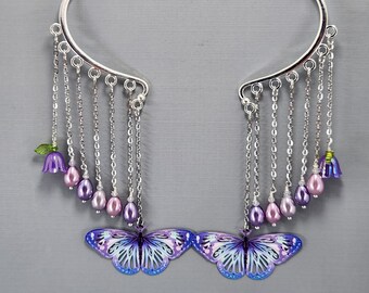 Ear Cuffs Ear Wrap Dangle Ear Cuffs Filigree Butterfly Ear Wrap No Piercing Earrings Lavender Glass Pearls Clear Crystals Purple Lily Flower