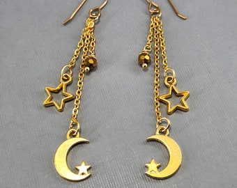 Moon and Stars Earrings Gold Moon Charm Earrings Gold Glass Beads