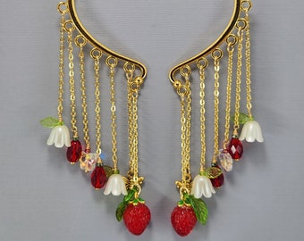 Ear Cuffs Ear Wrap Strawberry Dangle Ear Cuffs Gold Ear Wrap Cuff No Piercing Earrings Strawberries Flowers Bees Ear Cuffs Pair or Single