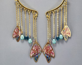 Butterfly Wing Ear Cuffs Gold Trimmed Pink Teal Fairy Wing Dangle Ear Wraps No Piercing Earrings Pair or Single