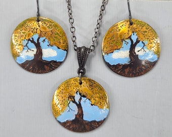 Tree of Life Necklace Tree of Life Earrings Tree of Life Set Blue Sky Etched Recycled Copper Jewelry