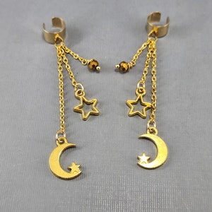 Ear Cuff Moon and Stars Ear Cuff Celestial Ear Cuff Dangle Ear Cuff Gold Moon and Star Ear Cuff No Piercing Earrings Pair or Single