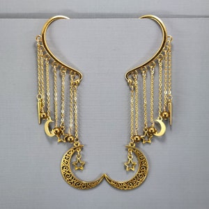 Ear Cuffs Ear Wrap Moon and Stars Ear Wrap Dangle Ear Cuff Filigraan Maan Geen piercing oorbellen Gouden maan Hematiet kralen paar of enkel