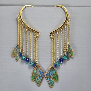 Ear Cuffs Ear Wraps Goudkleurige Butterfly Wing Ear Cuff Lange bungelende manchet Blue Green Fairy Wing Ear Wrap Geen piercing-oorbellen paar of enkel