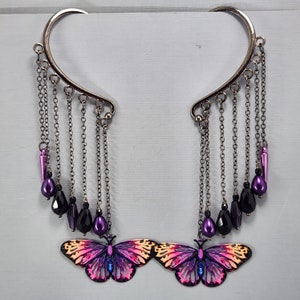 Puños para las orejas Puños para las orejas colgantes Puños para las orejas con filigrana en forma de mariposa Pendientes sin perforaciones Perlas de vidrio violeta Cristales negros Púas rosa intenso
