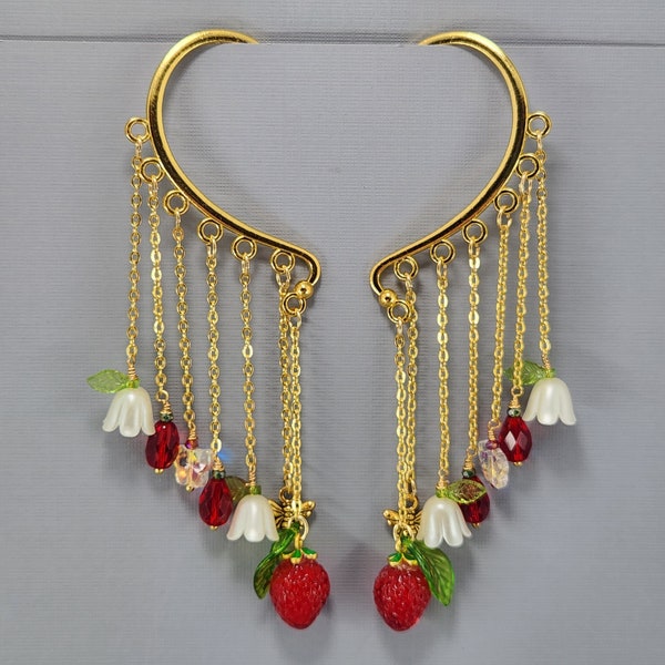 Ear Cuffs Ear Wrap Strawberry Dangle Ear Cuffs Gold Ear Wrap Cuff No Piercing Earrings Strawberries Flowers Bees Ear Cuffs Pair or Single