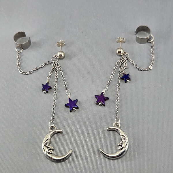 Ear Cuff Moon Ear Cuff Star Ear Cuff Dangle Ear Cuff Purple Hematite Star Silver Moon Ear Cuff Sterling Stud Earrings Pair or Single