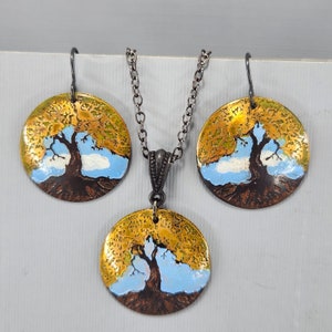 Tree of Life Necklace Tree of Life Earrings Tree of Life Set Blue Sky Etched Recycled Copper Jewelry set