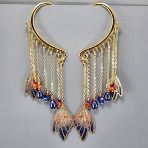 Ear Cuffs Ear Wraps Dangle Ear Wrap Gold Trimmed Butterfly Wing Ear Wrap Blue Orange Fairy Wing Ear Cuff No Piercing Earrings Pair or Single