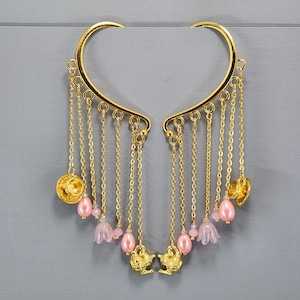 Oor manchetten Oor Wrap Tea Party Lange bungelende oor manchetten Gouden theepot Roze parels Roze kristallen Roze lelie Geen piercing oorbellen Paar of enkel