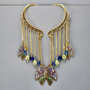Puños para las orejas, envolturas para las orejas, envoltura para las orejas colgante, envoltura para las orejas con alas de mariposa con borde dorado, puño para las orejas con alas de hada azul y verde, sin perforaciones, pendientes, par o individual